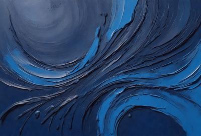 The primary subject of the image is a painting of a wave. The setting is a blue background, and the visual style appears to be a digital art or illustration. The dominant colors in the painting are blue and black, creating a calm and serene atmosphere.