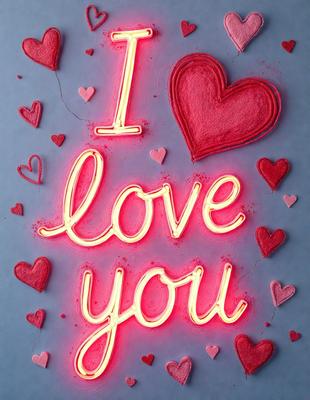 The primary subject of the image is a neon sign that reads "I Love You." The sign is illuminated with a pink glow, creating a warm and affectionate atmosphere. The setting is a blue background, which contrasts nicely with the neon sign and adds depth to the image. The visual style is a combination of digital art and illustration, as the sign is created using a digital medium, while the overall design and layout give it an artistic touch. The colors and mood of the image are predominantly pink and affectionate, making it a heartwarming and loving display.