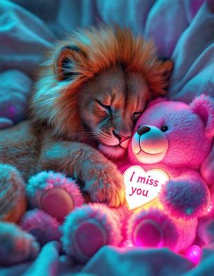 The primary subject of the image is a lion cub sleeping next to a pink teddy bear. The setting is a bed with a pink blanket, and the visual style is a photo. The dominant colors are pink and purple, creating a warm and cozy atmosphere.
