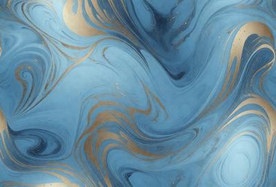 The primary subject of the image is a blue and gold swirling pattern, which appears to be a painting or a digital artwork. The setting is a blue background, and the visual style is a combination of photo and digital art. The dominant colors are blue and gold, creating a vibrant and lively atmosphere.