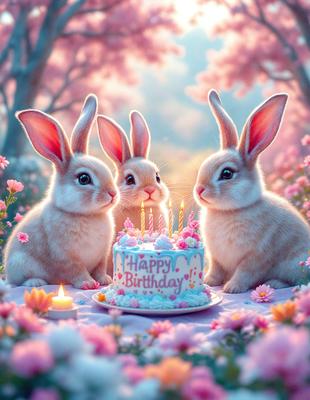 The primary subject of the image is a birthday cake with candles on it. The cake is placed on a dining table, surrounded by three bunny rabbits. The setting is a pink and white floral environment, creating a warm and celebratory atmosphere. The visual style is a combination of photo and digital art, giving the image a unique and creative appearance. The colors and mood are predominantly pink and white, with a touch of pastel shades, evoking a sense of joy and happiness.