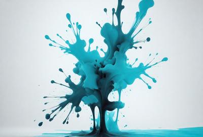 The primary subject of the image is a blue and white painting of a tree. The setting is a white background, and the visual style appears to be a digital art or illustration. The dominant colors in the painting are blue and white, creating a calm and serene atmosphere.