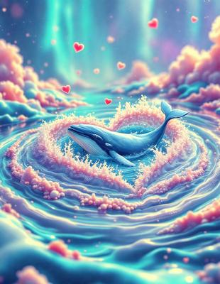 The primary subject of the image is a whale, which is the main focus of the scene. The whale is swimming in a pink and blue ocean, surrounded by a heart-shaped splash of water. The setting is a vibrant and colorful underwater environment, with the whale being the central point of interest. The visual style of the image is digital art, as it is a well-crafted and detailed illustration. The colors and mood of the image are lively and cheerful, with the pink and blue hues creating a sense of warmth and happiness.