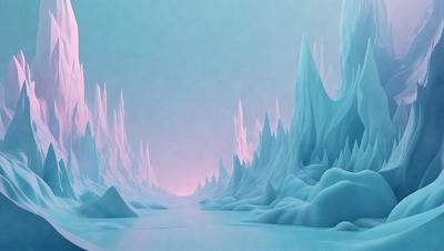 The primary subject of the image is a large, blue, icy mountain range with a pink sky in the background. The setting is a vast, snowy landscape with a sense of depth and grandeur. The visual style is a digital art or illustration, creating a surreal and fantastical atmosphere. The dominant colors are blue and pink, with the blue mountains and pink sky creating a striking contrast.