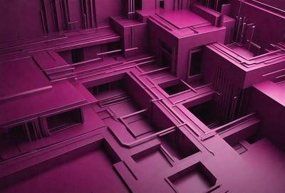 The primary subject of the image is a purple, three-dimensional structure with a lot of pipes and tubes. The setting is a purple room, and the visual style appears to be a digital art or illustration. The dominant colors in the image are purple and pink, creating a unique and intriguing atmosphere.