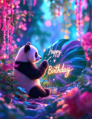The primary subject of the image is a panda bear. The setting is a colorful, pink and purple forest with flowers and a green leaf. The visual style is digital art, and the colors and mood are vibrant and cheerful.