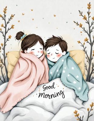 The primary subject of the image is a young boy and a young girl lying in bed together, wrapped in blankets. They are smiling and appear to be enjoying their time together. The setting is a cozy bedroom, with a bed visible in the background. The visual style is a combination of digital art and illustration, creating a warm and inviting atmosphere. The colors are predominantly pink and blue, which are associated with comfort and relaxation.