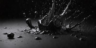 The primary subject of the image is a splash of water, which appears to be a black and white photo. The setting is a dark background, and the visual style is a close-up of the water splash. The colors and mood of the image are predominantly black and white, creating a dramatic and moody atmosphere.