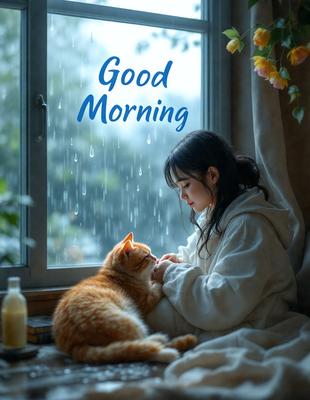 The primary subject of the image is a woman sitting next to a cat. The setting is a room with a window, and the visual style is a photo. The colors in the image are predominantly white, with the woman wearing a white jacket and the cat being orange. The overall atmosphere is calm and peaceful, as the woman and the cat are enjoying each other's company.