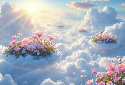 The primary subject of the image is a beautifully illustrated cloud with a flower garden on top of it. The cloud is surrounded by a white, fluffy cloud, creating a serene and whimsical atmosphere. The setting is a sky filled with clouds, and the visual style is a combination of digital art and illustration. The colors are predominantly white and pink, giving the scene a soft and delicate appearance.