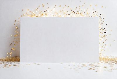 The primary subject of the image is a white cardboard box with gold glitter sprinkled on top of it. The setting is a white background, and the visual style is a photo. The colors and mood of the image are predominantly white and gold, creating a warm and festive atmosphere.