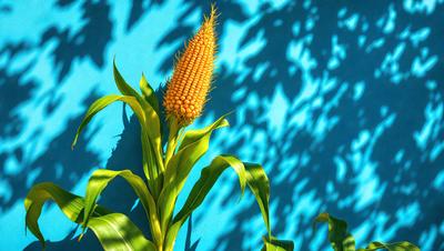 The primary subject of the image is a tall, yellow corn plant with a single ear of corn growing on it. The plant is standing in front of a blue wall, which serves as the setting for the scene. The visual style of the image is a photo, capturing the natural beauty of the corn plant. The dominant colors in the image are yellow and blue, creating a warm and vibrant atmosphere.