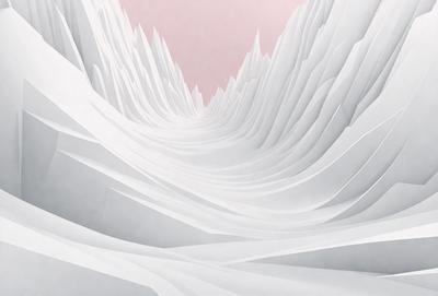 The image is a digital art piece featuring a mountainous landscape with a pink sky. The scene is set against a white background, giving it a clean and minimalist appearance. The primary subject is a long, curved, and wavy line that resembles a mountain range or a wave. The visual style is a combination of digital art and illustration, creating a unique and artistic representation of the mountainous landscape. The colors and mood of the image are predominantly pink, which adds a sense of warmth and tranquility to the scene.