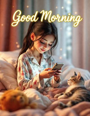 The primary subject of the image is a young girl sitting on a bed, looking at her cell phone. The setting is a cozy bedroom, with a bed visible in the background. The visual style is a digital art, depicting a cute and warm atmosphere. The colors are predominantly pink and white, which adds to the overall mood of the scene.