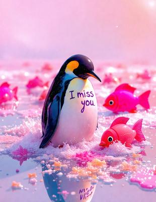 The primary subject of the image is a penguin standing in a pink and white environment. The setting appears to be a water surface, possibly a pond or a pool. The visual style of the image is a combination of photo and digital art, creating a unique and eye-catching scene. The colors and mood of the image are predominantly pink and white, giving it a playful and whimsical atmosphere.