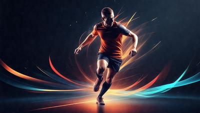 Primary subject: A man running in a bright orange shirt and black shorts.

Setting/background: The man is running on a track, with a blue background.

Visual style: The image is a digital art illustration.

Colors and mood: The man is wearing an orange shirt and black shorts, which gives the image a vibrant and energetic mood.