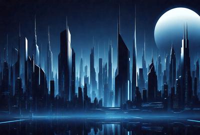 The primary subject of the image is a futuristic cityscape with tall buildings and a moon in the background. The setting is a dark, blue sky, which adds to the overall mood of the scene. The visual style of the image is a combination of digital art and illustration, creating a unique and captivating atmosphere. The dominant colors in the image are blue and black, which contribute to the futuristic and mysterious vibe of the scene.