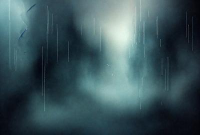 The primary subject of the image is a dark, cloudy sky with rain falling. The setting is a forest, with trees visible in the background. The visual style is a digital art or illustration, creating a moody and atmospheric scene. The dominant colors are dark shades of blue and gray, with the rain adding a touch of white.