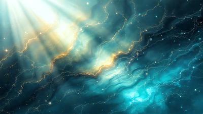 The primary subject of the image is a blue and green nebula, which is a swirling mass of gas and dust in space. The setting is a dark, starry sky, with the nebula being the main focus of the image. The visual style is a digital art or illustration, creating a vibrant and dynamic scene. The dominant colors are blue and green, giving the image a serene and celestial atmosphere.