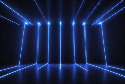 The primary subject of the image is a series of blue neon lights. The setting is a dark room with a blue background, creating a striking contrast with the blue lights. The visual style is a digital art or illustration, as the lights are depicted in a patterned manner. The colors and mood of the image are predominantly blue, giving it a cool and futuristic atmosphere.