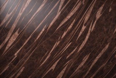 The primary subject of the image is a brown leather wallpaper with a pattern of swirls and stripes. The setting is a wall, and the visual style is a close-up of the wallpaper. The colors and mood of the image are warm and earthy, with the brown leather creating a rich and textured appearance.