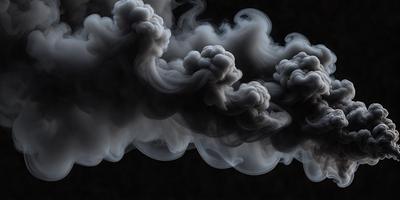 The primary subject of the image is a cloud of smoke, which is the main object, scene, or focus of the image. The setting is a dark background, which contrasts with the smoke. The visual style is a black and white photo, giving the image a classic and timeless appearance. The colors and mood are dominated by the smoke, which creates a dramatic and mysterious atmosphere.