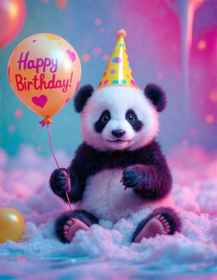 The primary subject of the image is a small panda bear wearing a birthday hat and sitting on a pile of cotton candy. The setting is a pink and purple background, which adds a playful and festive atmosphere to the scene. The visual style is a digital illustration, giving the image a vibrant and colorful appearance. The colors and mood of the image are predominantly pink and purple, creating a cheerful and celebratory mood.