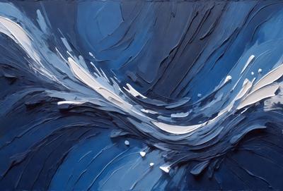 The primary subject of the image is a painting of a wave. The setting is a blue background, and the visual style appears to be a digital art or illustration. The dominant colors in the painting are blue and white, creating a calm and serene atmosphere.