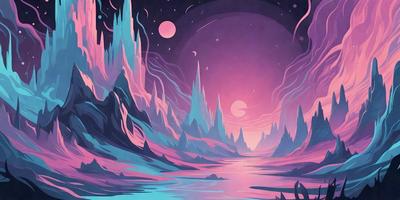 The primary subject of the image is a futuristic landscape featuring a large, purple-colored planet with a few smaller planets in the background. The setting is a space with a purple sky, and the visual style is a digital art or illustration. The colors and mood of the image are predominantly purple, creating a sense of mystery and otherworldliness.