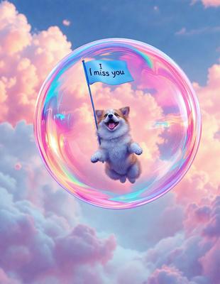 The primary subject of the image is a small dog, which is the main focus of the scene. The dog is sitting on a bubble, which is floating in a pink and blue sky. The setting appears to be a whimsical and playful environment, with the dog seemingly enjoying its time in the bubble. The visual style of the image is a combination of photo and digital art, creating a unique and creative representation of the dog in the bubble. The colors and mood of the image are predominantly pink and blue, giving it a cheerful and lighthearted atmosphere.