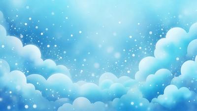 The primary subject of the image is a cloudy blue sky filled with white clouds. The setting is a vast, open space with no visible landmarks or objects. The visual style is a digital art or illustration, creating a sense of depth and movement in the clouds. The colors and mood are predominantly blue and white, giving the scene a calm and serene atmosphere.