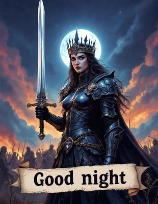 The primary subject of the image is a woman dressed in medieval armor, holding a sword. She is standing in front of a moon, which is part of a night scene. The visual style of the image is digital art, and the colors and mood are dark and dramatic.