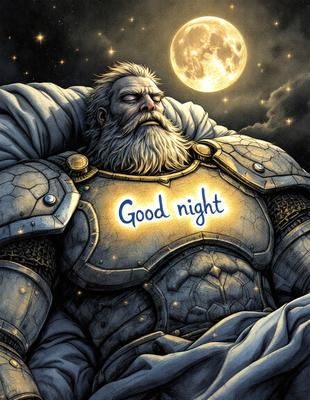 Primary subject: A man with a beard and a sword.
Setting/background: A night sky with a moon.
Visual style: Digital art.
Colors and mood: The man is wearing a gold armor, and the overall atmosphere is dark and mysterious.