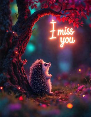 The primary subject of the image is a small hedgehog sitting under a tree. The setting is a forest with a tree and a few leaves visible in the background. The visual style is a digital art or illustration, creating a whimsical and charming atmosphere. The colors are predominantly green, with the hedgehog being the main focal point, and the tree and leaves adding to the natural environment.