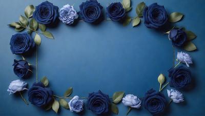 The primary subject of the image is a blue background with a row of blue roses and green leaves arranged in a circular pattern. The setting is a blue surface, and the visual style appears to be a photo. The dominant colors are blue and green, creating a calm and serene atmosphere.