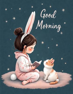 The primary subject of the image is a young girl sitting on the floor, reading a book. The setting is a cozy indoor environment, with a cat sitting next to her. The visual style is a digital art illustration, featuring a cute and warm atmosphere. The colors are predominantly pink and white, with the girl's outfit and the cat's fur being pink.