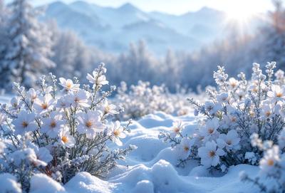 Primary subject: Flowers in the snow
Setting/background: Snow-covered ground with mountains in the background
Visual style: Digital art
Colors and mood: White and blue, with a serene and peaceful atmosphere