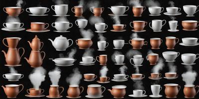 The primary subject of the image is a collection of coffee cups, each with steam coming out of them. The cups are arranged in a pattern, creating a visually appealing and artistic display. The setting is a black background, which contrasts with the cups and adds to the visual style. The overall atmosphere is one of creativity and attention to detail, as the artist has carefully crafted the arrangement of the cups to create a unique and eye-catching image.