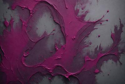 The primary subject of the image is a purple painting with a lot of drips and splatters. The setting is a gray background, which contrasts with the purple painting. The visual style appears to be a painting or a digital artwork, as it has a textured and artistic appearance. The colors and mood of the painting are predominantly purple, creating a moody and dramatic atmosphere.