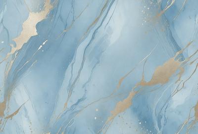 The primary subject of the image is a blue and gold marbled wallpaper. The setting is a bathroom, with the wallpaper covering the walls. The visual style is a combination of a photo and digital art, creating a unique and artistic appearance. The dominant colors are blue and gold, giving the bathroom a luxurious and elegant atmosphere.