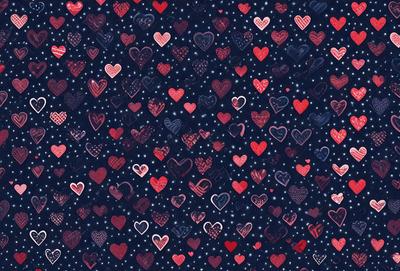 The primary subject of the image is a large number of hearts, which are arranged in a pattern. The hearts are displayed on a blue background, creating a visually appealing and colorful scene. The hearts are depicted in various sizes and orientations, adding depth and interest to the overall composition. The visual style of the image is a combination of digital art and illustration, with the hearts being drawn or painted in a way that resembles a pattern or a textile. The dominant colors in the image are red and blue, which evoke a sense of warmth and love.