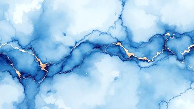 The primary subject of the image is a blue and gold painting of a cloudy sky. The setting is a blue background, and the visual style appears to be a digital art or illustration. The dominant colors in the painting are blue and gold, creating a serene and calming atmosphere.