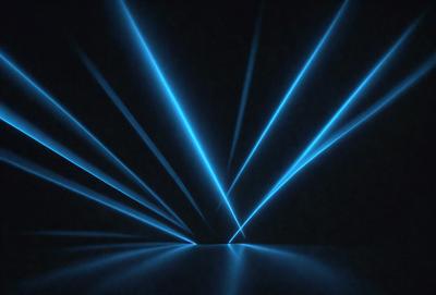 The primary subject of the image is a blue light, which appears to be a neon light or a blue laser beam. The light is shining on a dark background, creating a striking contrast. The setting is a black room, and the visual style is a close-up of the light source. The colors and mood of the image are predominantly dark and moody, with the blue light providing a sense of depth and intensity.
