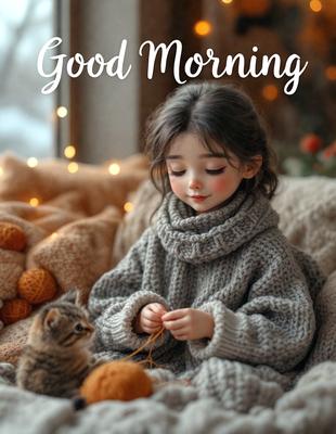 The image features a young girl sitting on a couch, surrounded by a cozy environment. She is knitting a sweater, which is a primary focus of the scene. The setting includes a couch, a teddy bear, and a few balls of yarn. The visual style is a combination of a photo and digital art, creating a warm and inviting atmosphere. The colors and mood of the image are predominantly warm and comforting, with the girl's knitting activity symbolizing a sense of relaxation and creativity.