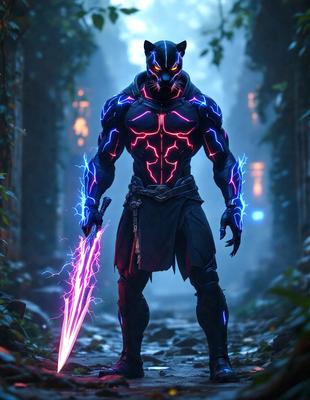 The primary subject of the image is a man dressed in a black and blue outfit, holding a pair of purple and blue lightsabers. The man appears to be a character from a video game, possibly a superhero or a warrior. The setting is a forest, with trees and foliage surrounding the man. The visual style of the image is digital art, as it is a detailed and well-rendered illustration. The colors and mood of the image are vibrant and energetic, with the purple and blue lightsabers adding a sense of excitement and power to the scene.