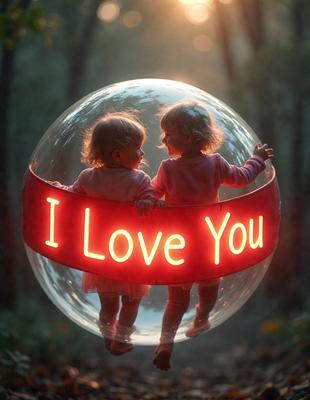 The primary subject of the image is a large, illuminated heart that has two small children standing inside it. The heart is red and has the words "I love you" written on it. The setting is a forest, with trees visible in the background. The visual style is a combination of digital art and illustration, creating a unique and eye-catching display. The dominant colors are red and white, with the heart being the main focus of the image. The overall atmosphere is warm, loving, and playful.