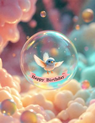 The primary subject of the image is a small bird, which is perched on top of a bubble. The bird is surrounded by a colorful and whimsical environment, which includes a pink and blue background, as well as a patterned surface. The visual style of the image is a combination of photo and digital art, creating a unique and eye-catching scene. The colors and mood of the image are vibrant and cheerful, with the bird and bubble serving as the focal points of the composition.