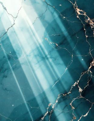 The primary subject of the image is a blue marble wall with a sunlight shining through it. The setting is a dark room, and the visual style is a photo. The dominant colors are blue and white, creating a calm and serene atmosphere.