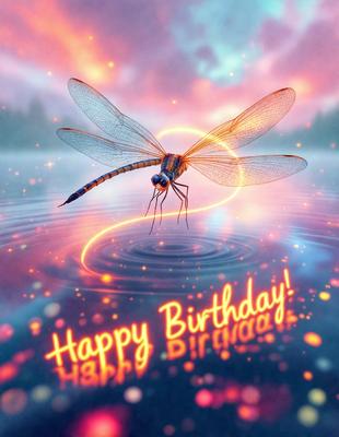 The primary subject of the image is a dragonfly, which is flying over a body of water. The setting is a serene environment with a lake, and the visual style is a digital art or illustration. The dominant colors in the image are blue and orange, creating a vibrant and lively atmosphere.