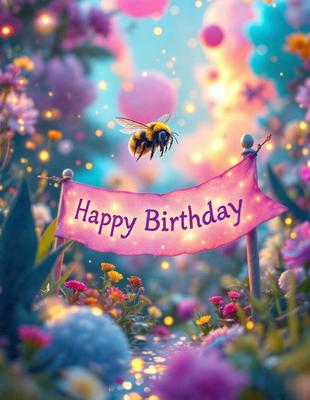 The primary subject of the image is a birthday banner with a bee on it. The setting is a garden with a variety of flowers, creating a colorful and lively atmosphere. The visual style is a combination of photo and digital art, giving the scene a unique and vibrant appearance. The colors and mood are predominantly pink and cheerful, reflecting the celebratory nature of the birthday banner.